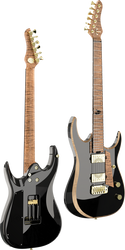 Two black electric guitars, front and back view