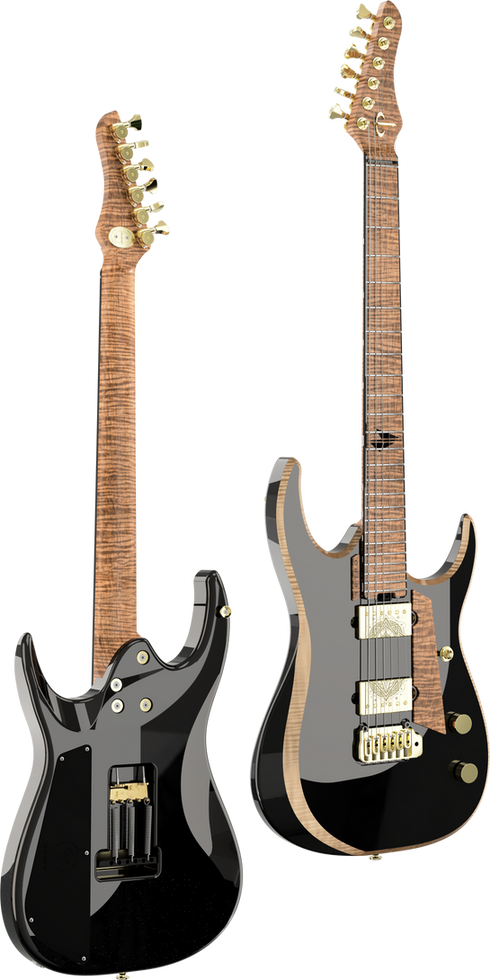 Two black electric guitars, front and back view