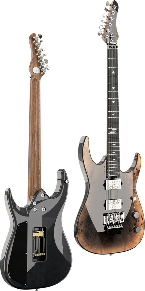 Electric guitars, front with wood grain, back in black