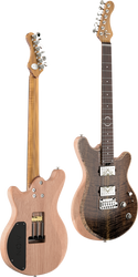 Two electric guitars, front and back views