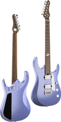Two light purple electric guitars, front and back view