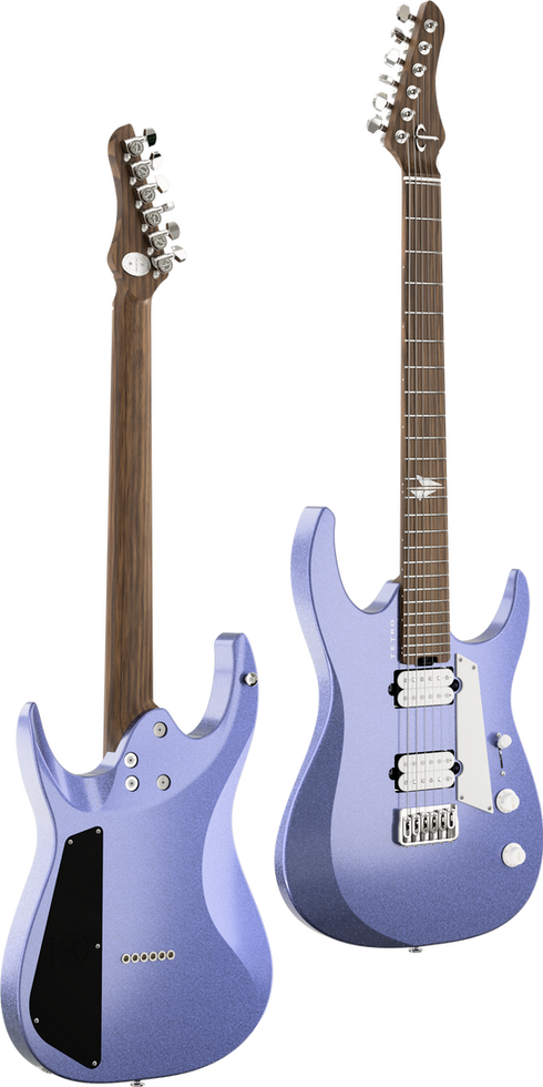 Two light purple electric guitars, front and back view