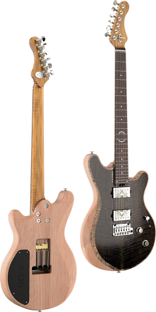 Two electric guitars, dark front view and natural wood back view