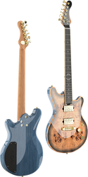 Aion Fluent electric guitars, natural wood grain front and blue back