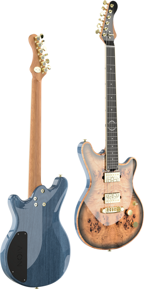 Aion Fluent electric guitars, natural wood grain front and blue back