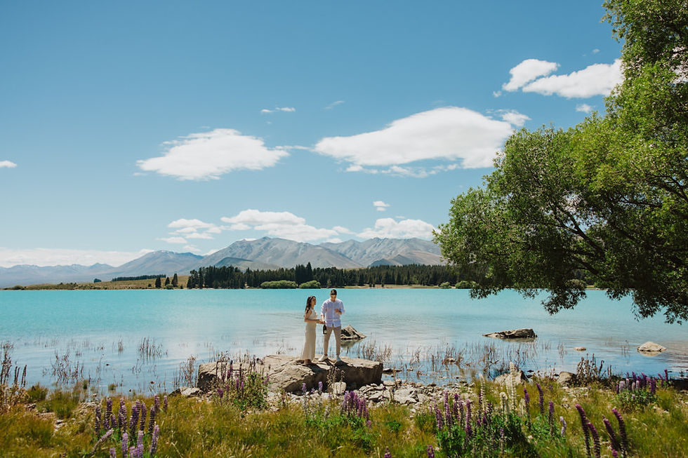 Couple standing on rocks by a turquoise lake, surrounded by wildflowers and mountains under a bright blue sky with fluffy clouds.