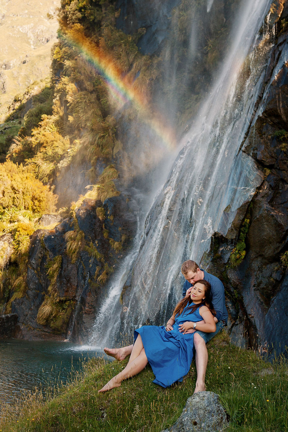 Wanaka sunset engagement photos at a waterfall
