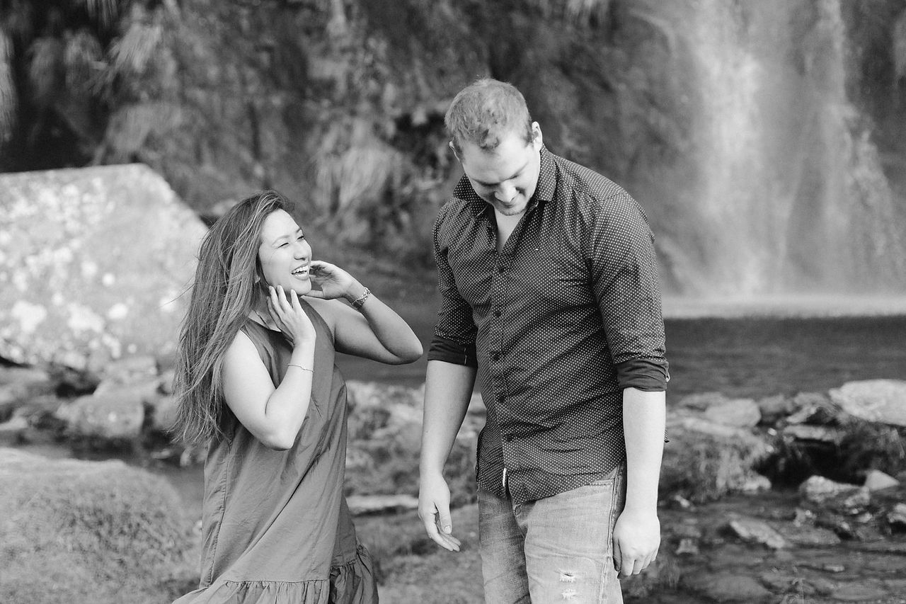 Wanaka sunset engagement photos at a waterfall