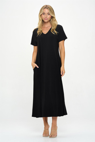 V-Neck Zip Back Side Pockets Long Sleeve Black Dresses