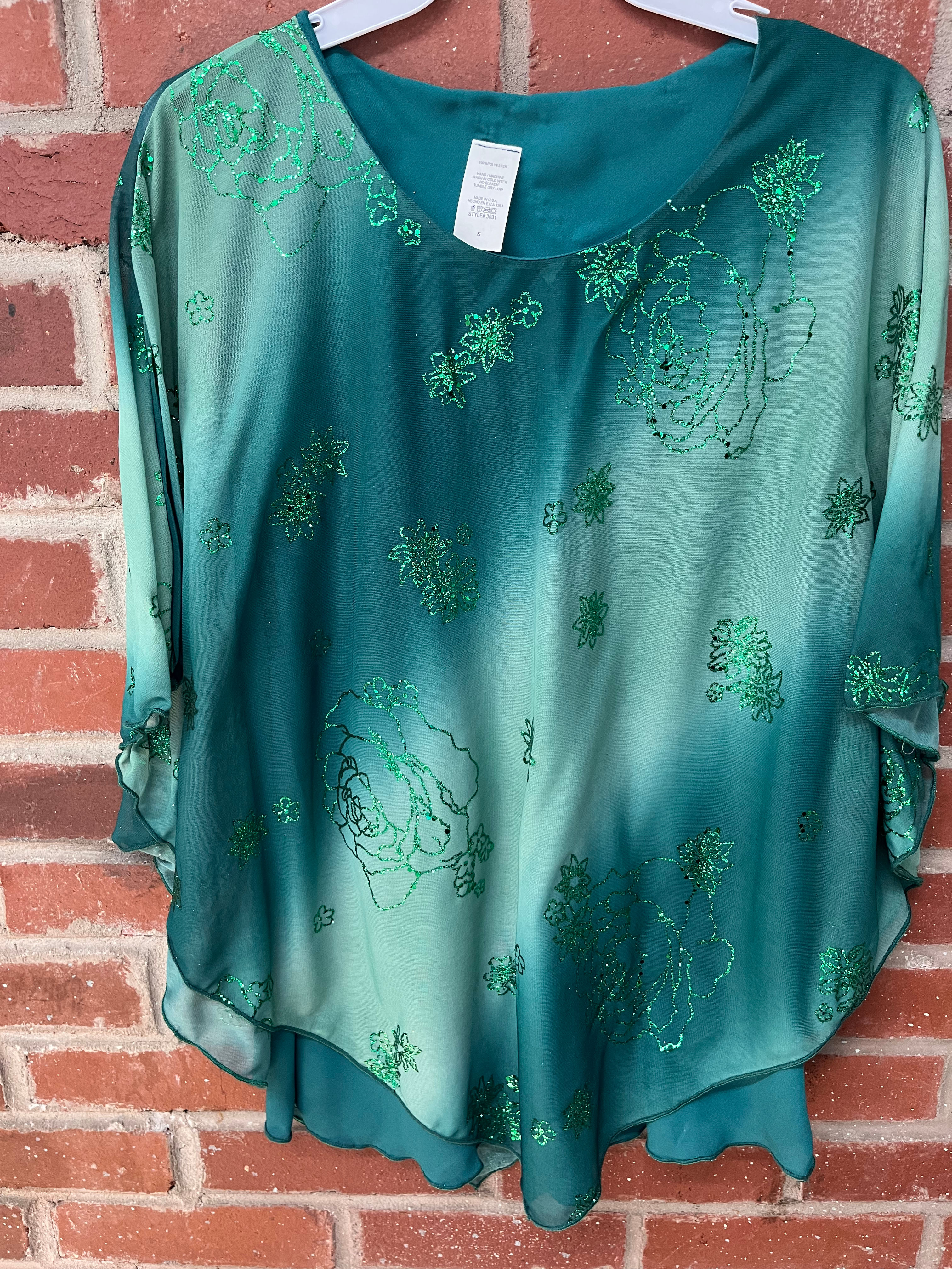 T3031 Green glitter variegated  Poncho Top