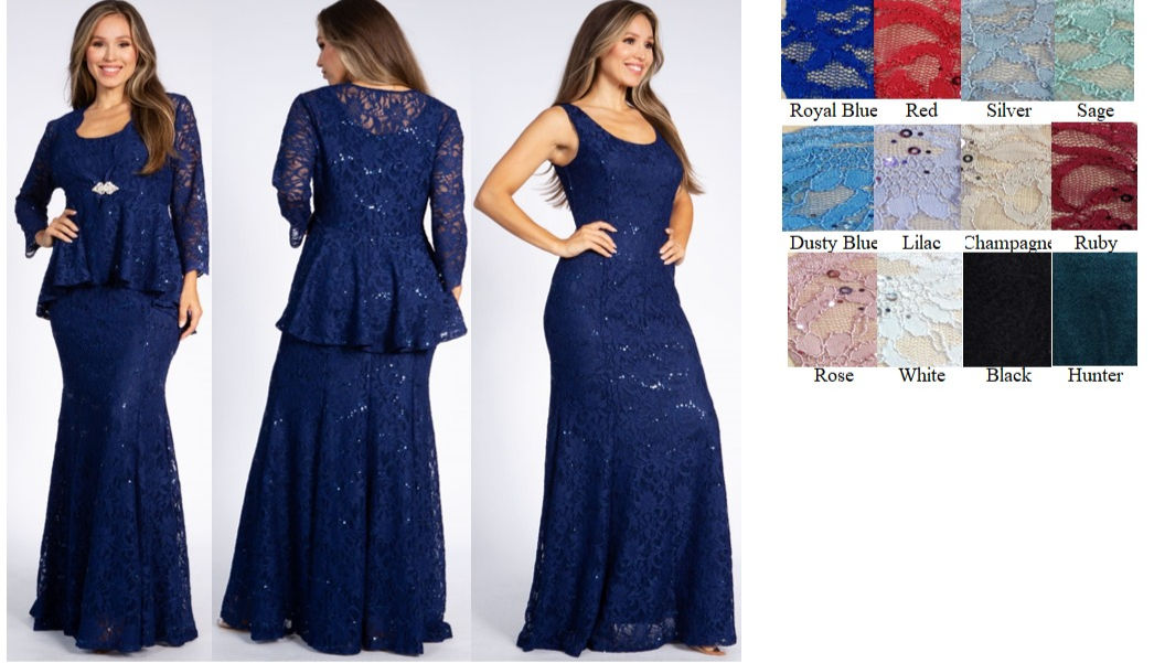 R1222 2 PC LONG SLEEVE LACE JACKET WITH LACE TANK STYLE FLOWY DRESS