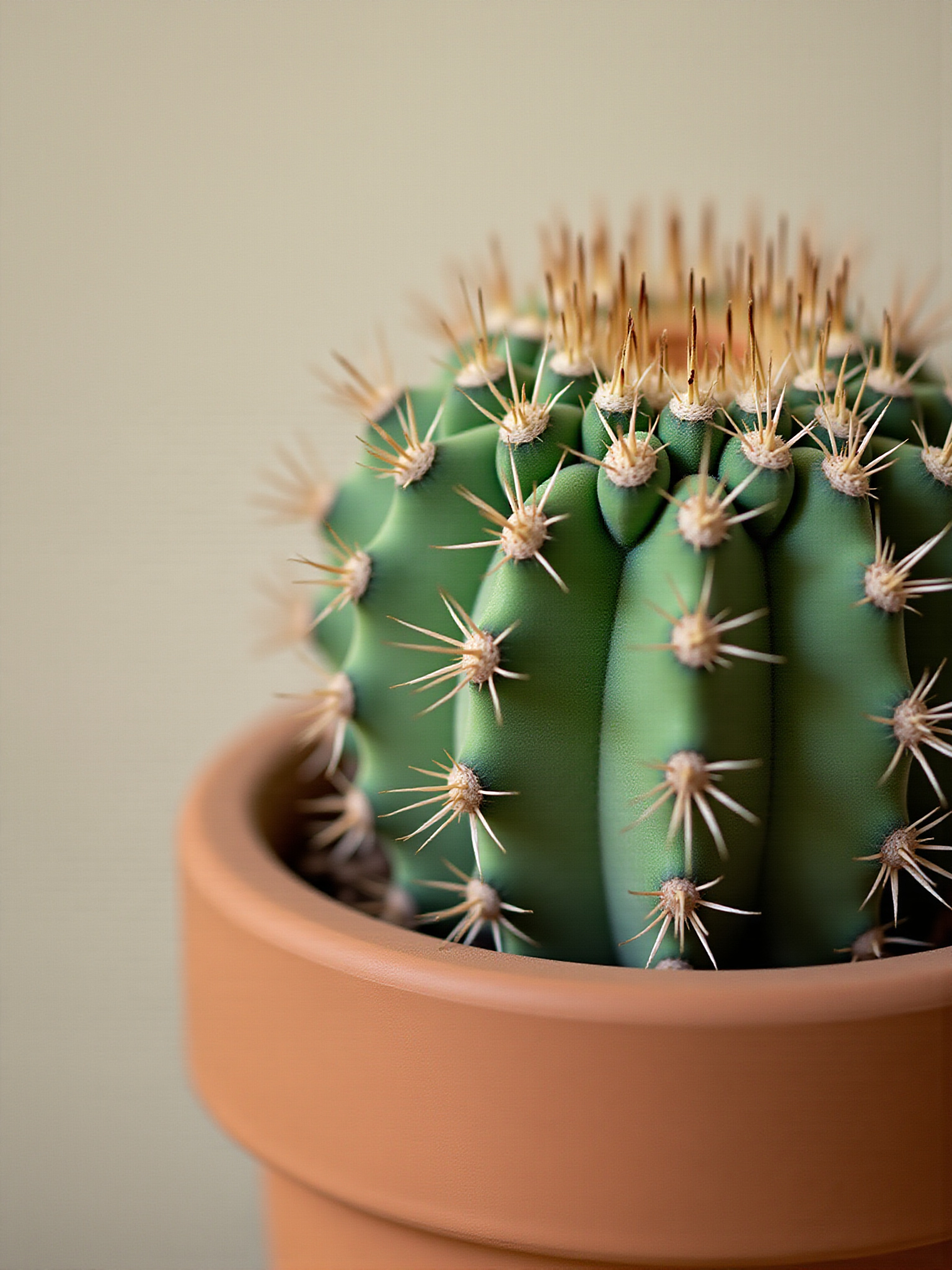 Close-up of green cactus pot with sharp spikes on a tan background.