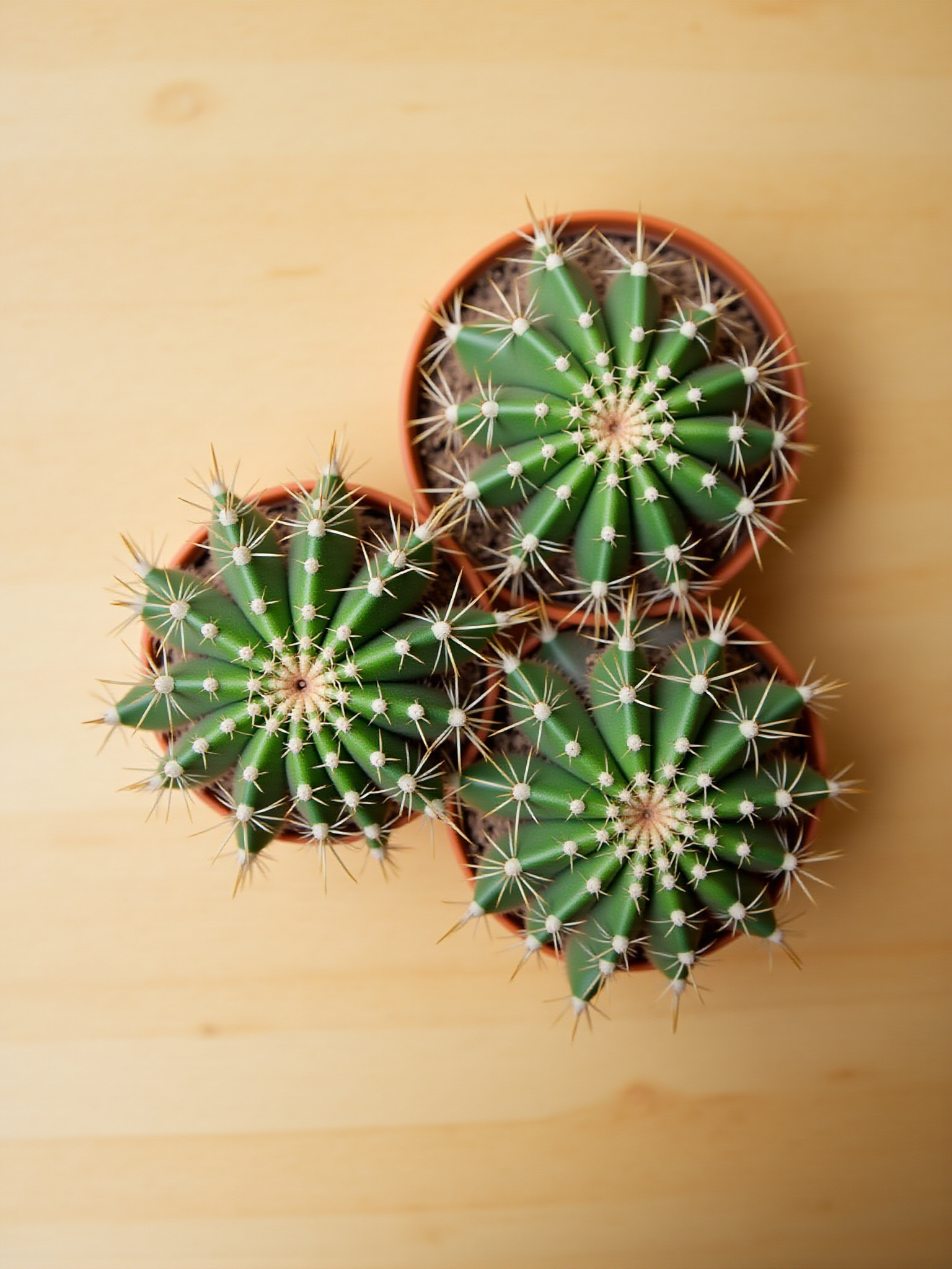 Three potted cacti sit on light brown wooden table, My Site