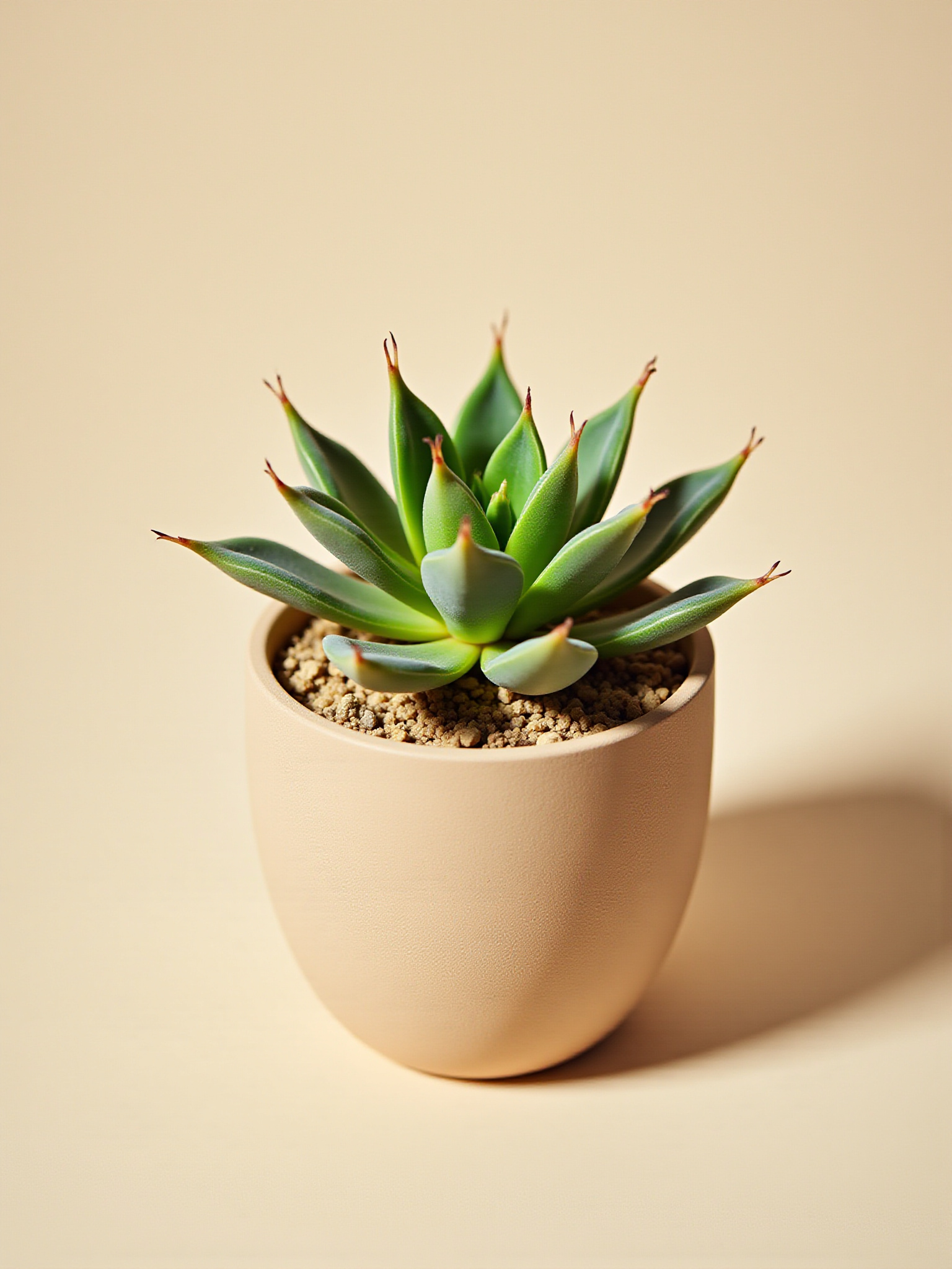 Green succulent plant in a beige pot on a beige background.