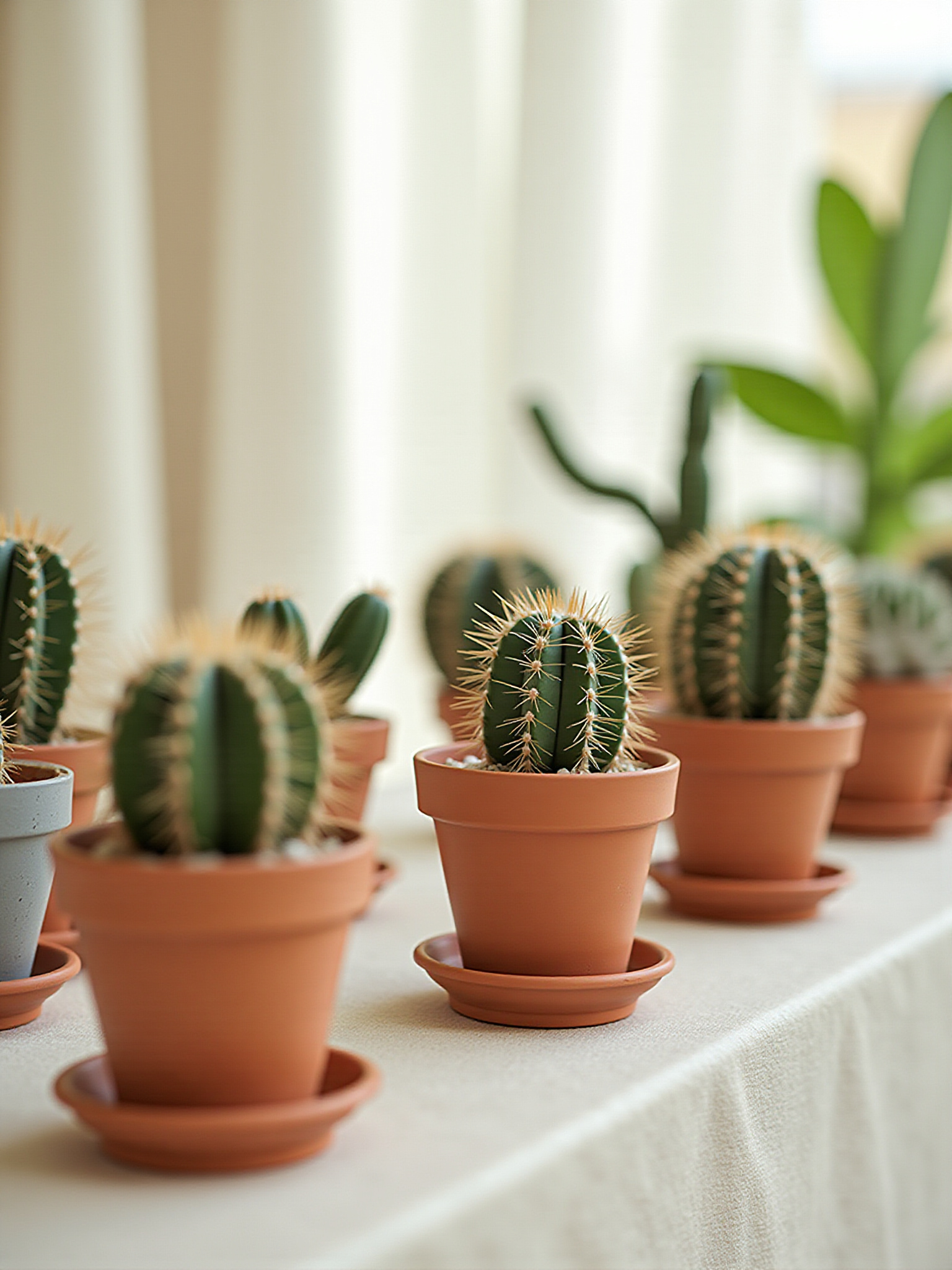 Several small cacti in terracotta pots, sitting in the sunlight.