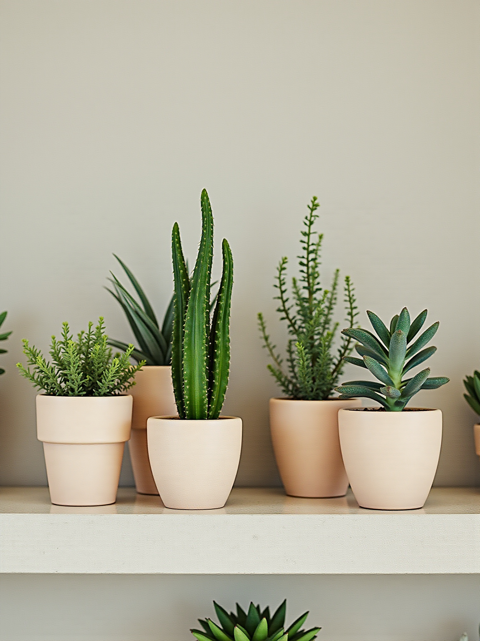 Several potted succulents on a shelf, various shapes and sizes, neutral background