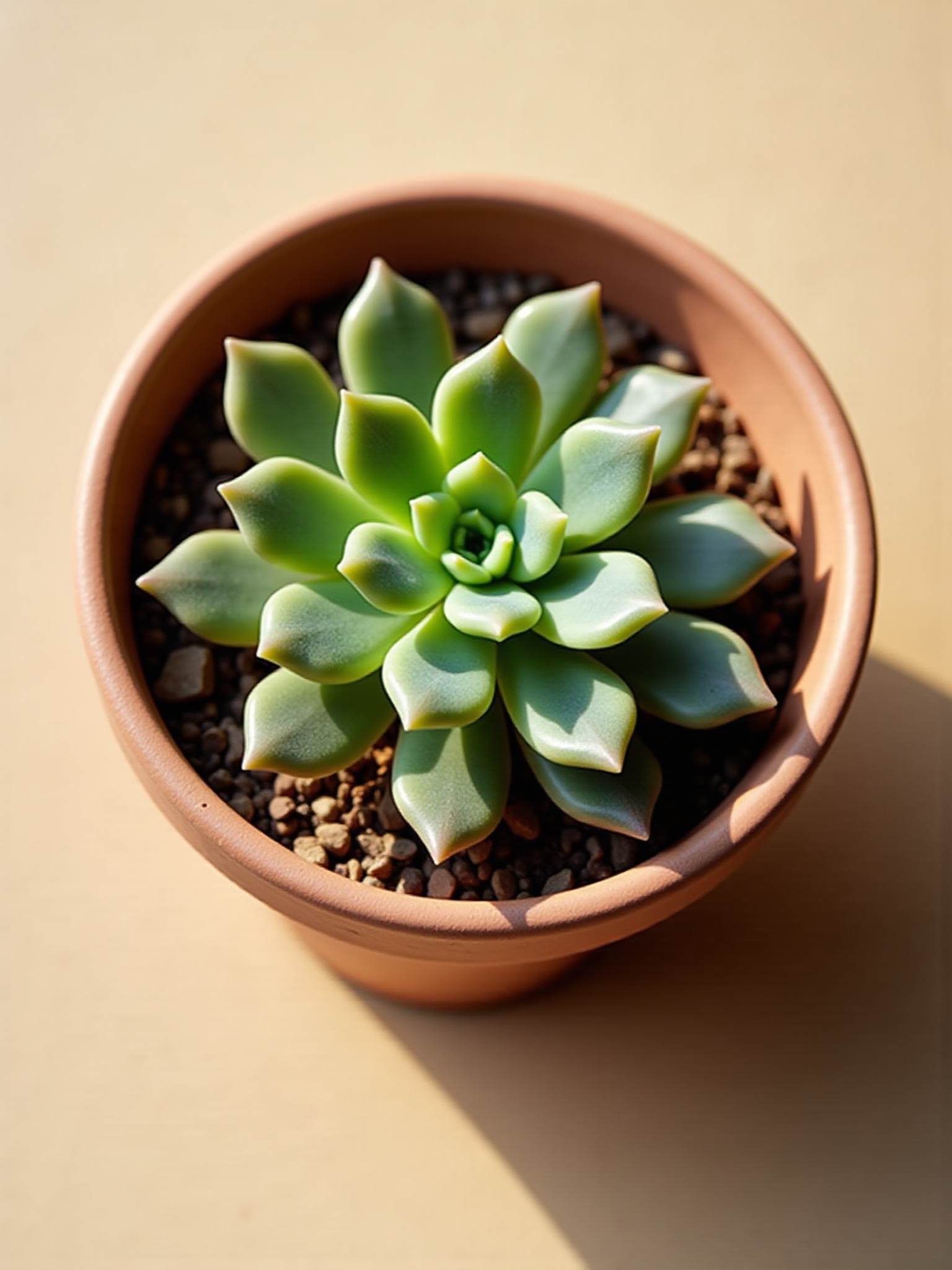 Green succulent plant in brown pot, sunny background, My Site.