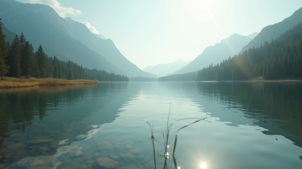 Eye-level view of a serene landscape with a calm lake