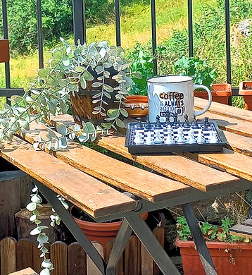 board games and coffee in the garden