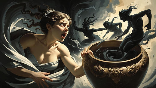 Pandora opening a large jar as dark shadowy spirits representing war, disease, hunger, and