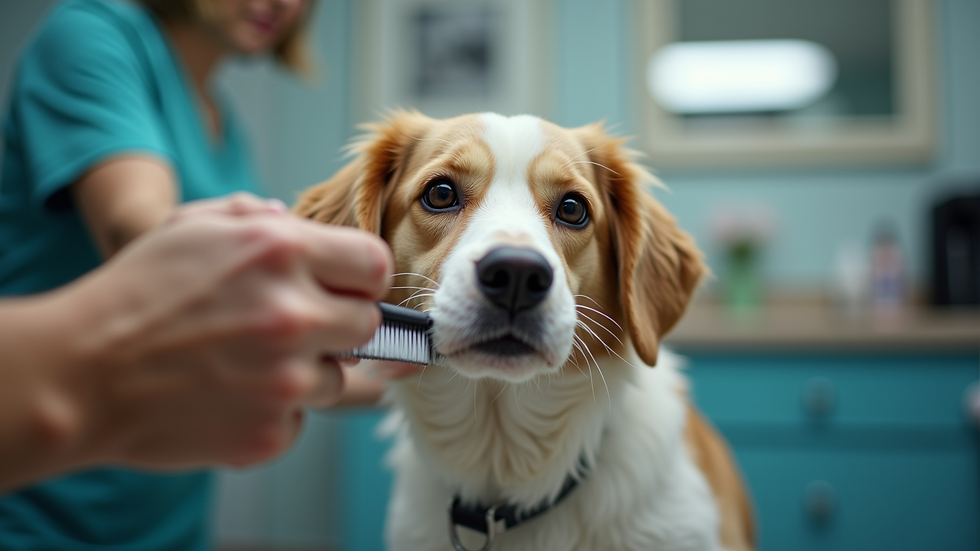 Eye-level view of a dog being gently brushed at a grooming salon
