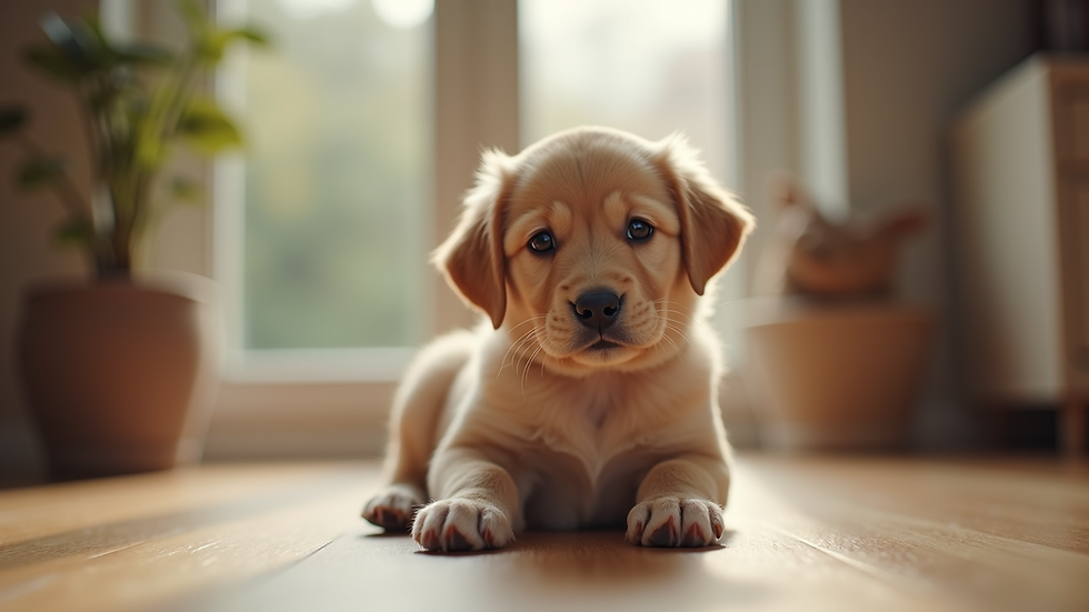Eye-level view of a small puppy sitting calmly on a wooden floor