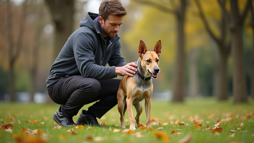 Eye-level view of a dog trainer working with a dog in a park