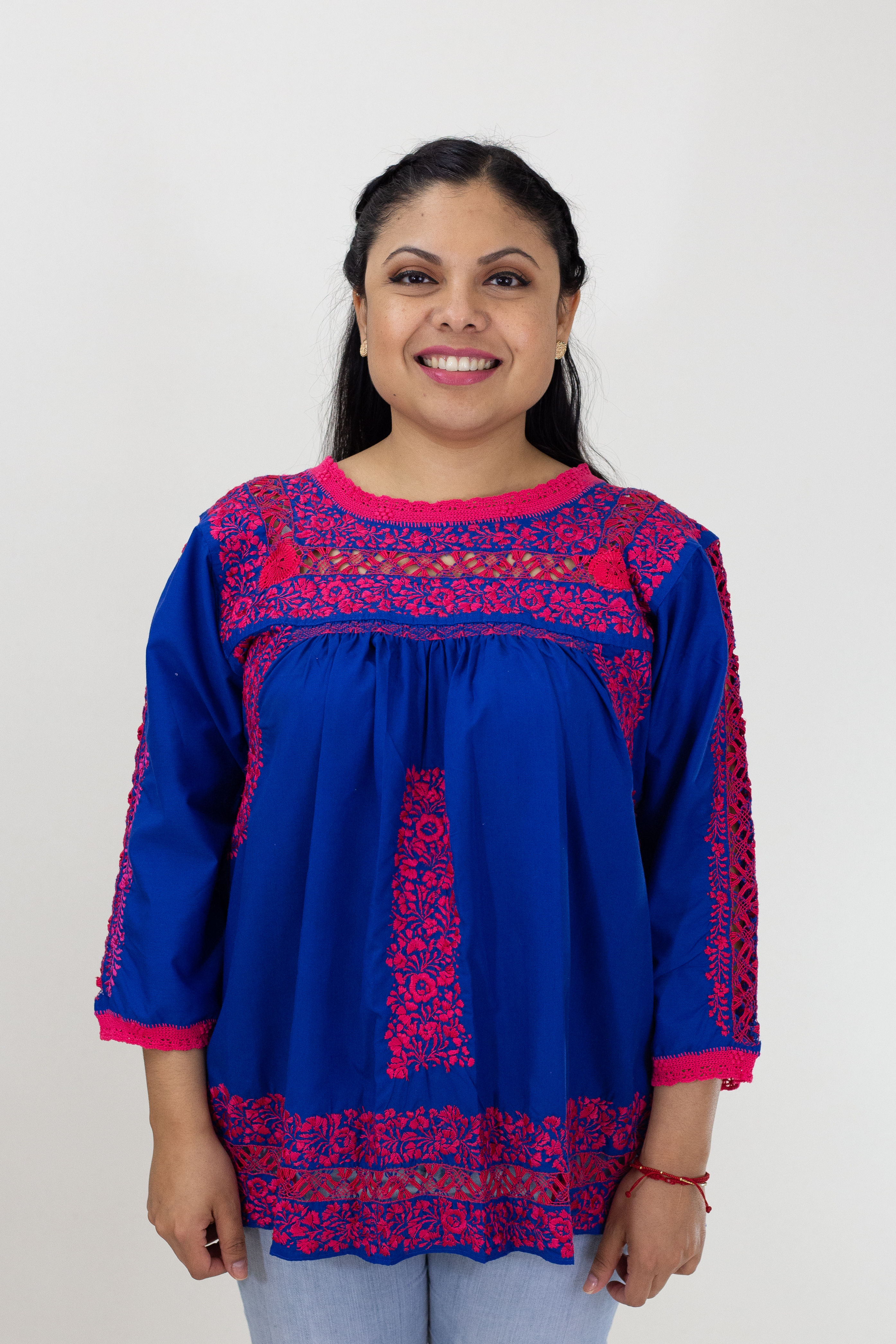 Small Pink on Blue Deshilado Blouse de San Pedro Mártir