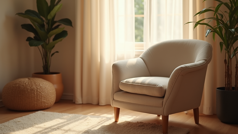 Close-up view of a cozy therapy room with a comfortable chair and soft lighting