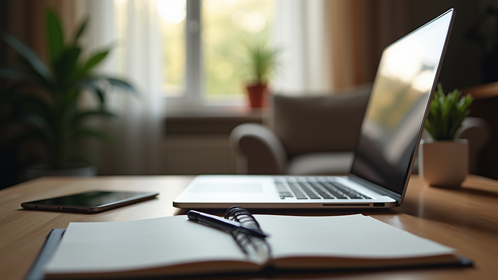 Eye-level view of a cozy home office setup with a laptop and a notebook