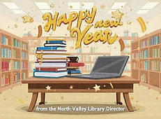 It is an image of a library with a laptop and books in the foreground. The text on top of the image reads, "Happy New Year from the director."