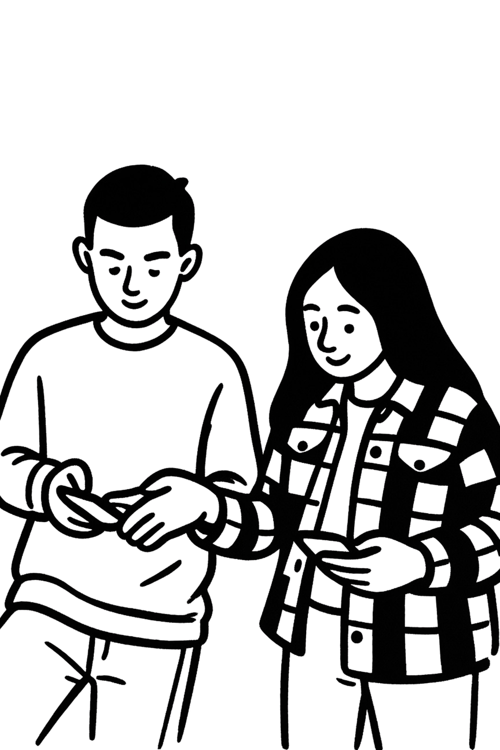 Il·lustració de dos joves que interactuen somrient amb els seus telèfons mòbils