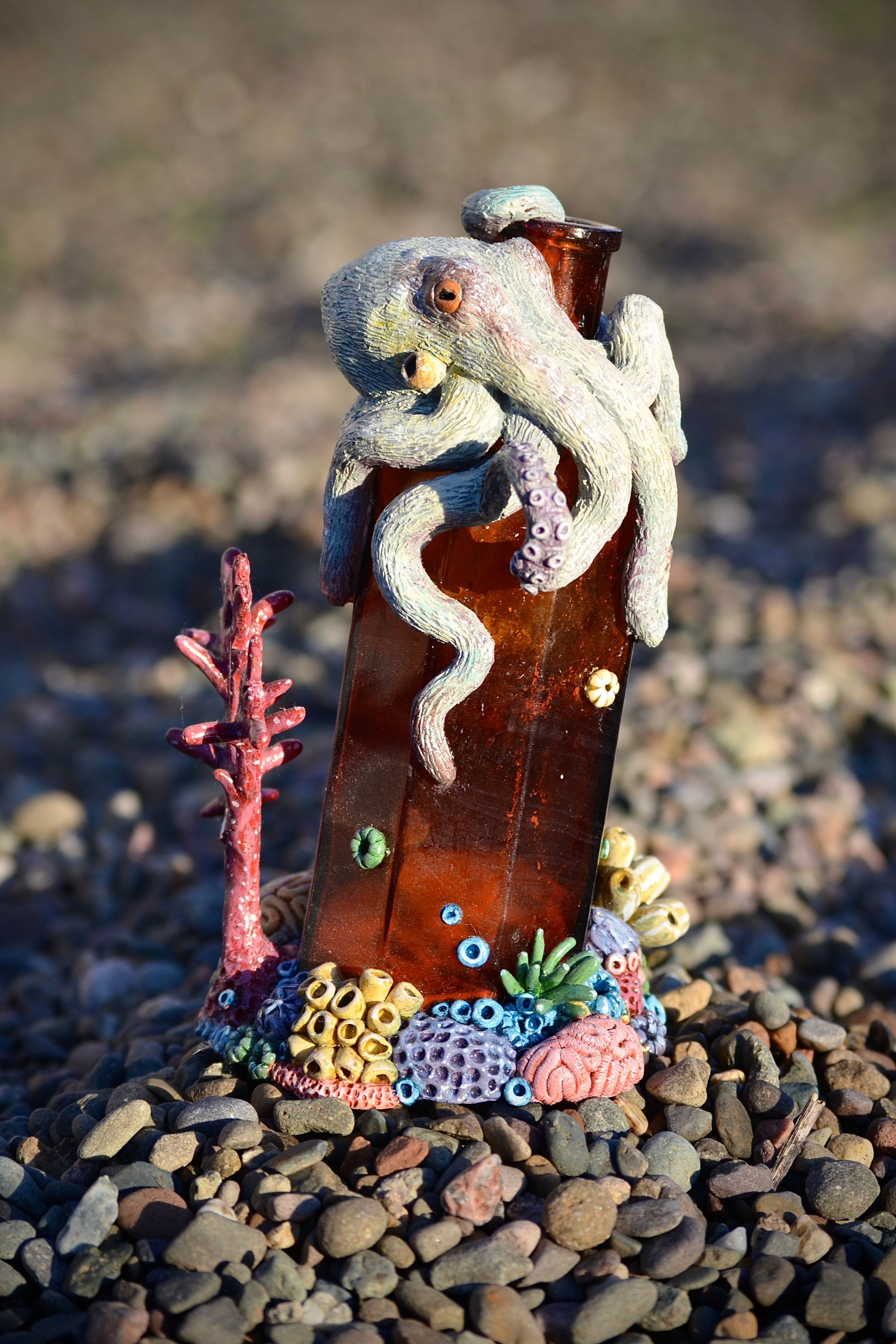 ‘Milton’ - Octopus reef sculpture on vintage glass bottle