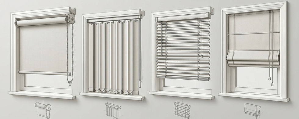 Roller, vertical, horizontal, and Roman blinds