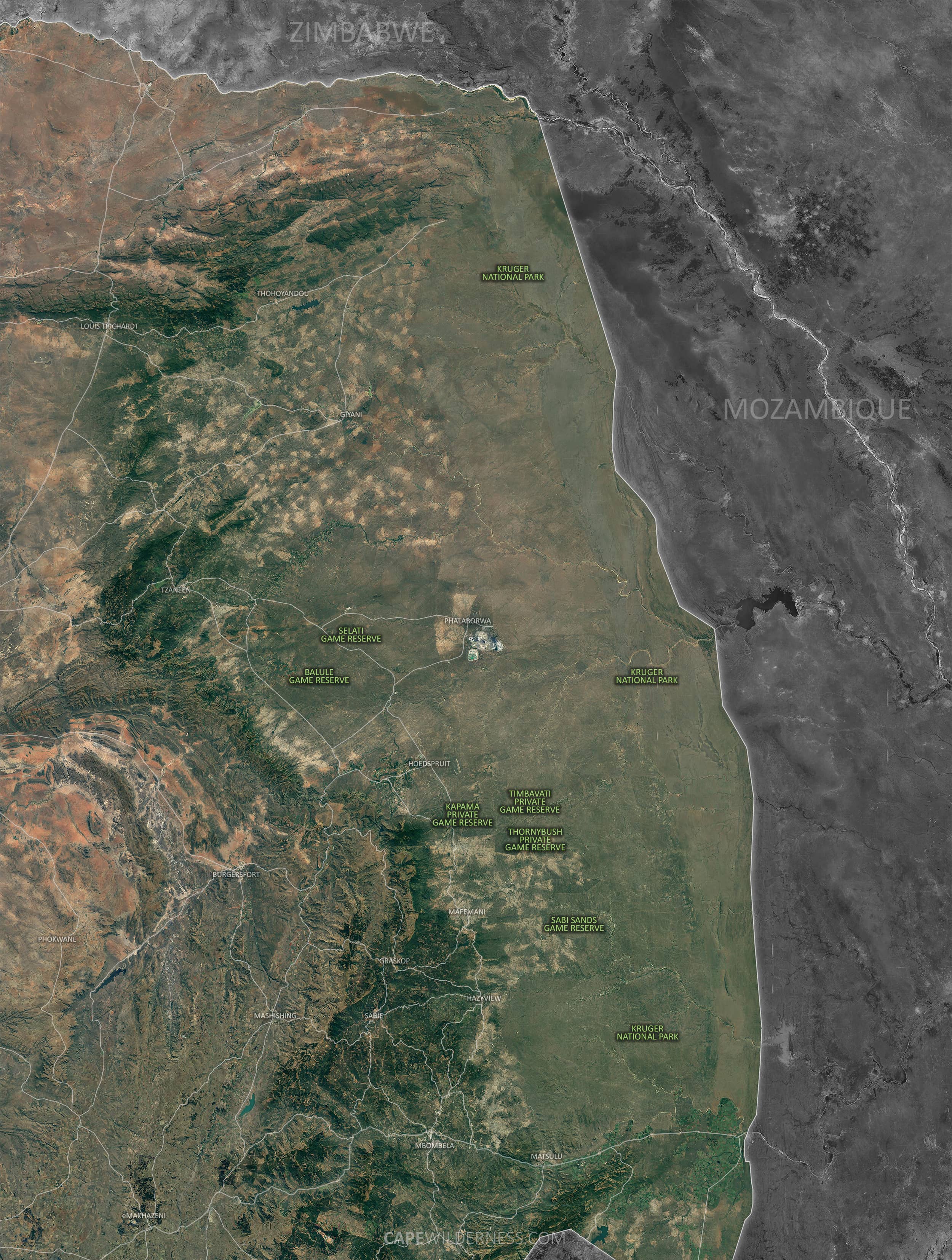 Greater Kruger Map, South Africa, Cape Wilderness.