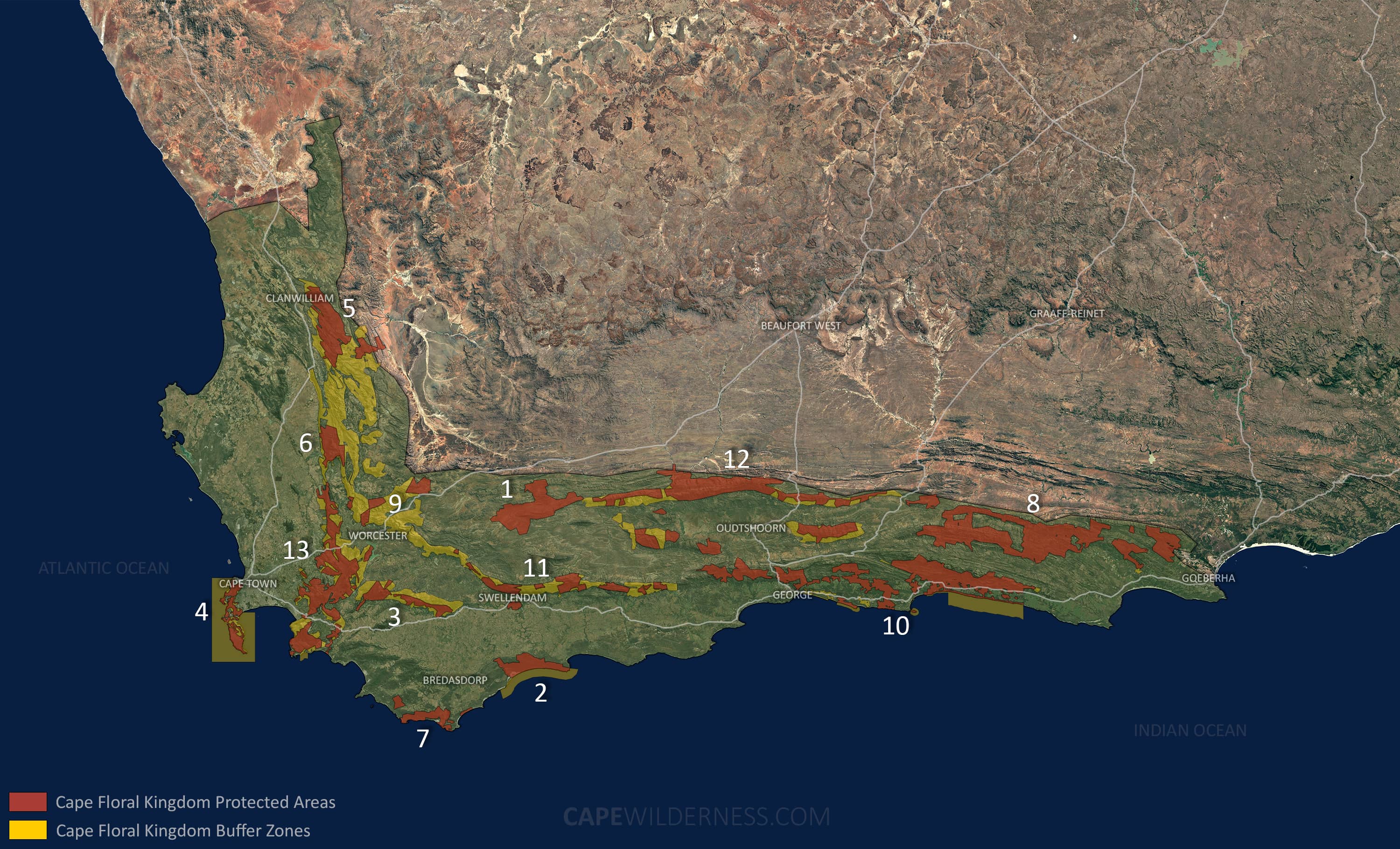 Cape Floral Kingdom Map in the Western Cape and Eastern Cape province of South Africa. Cape Wilderness.