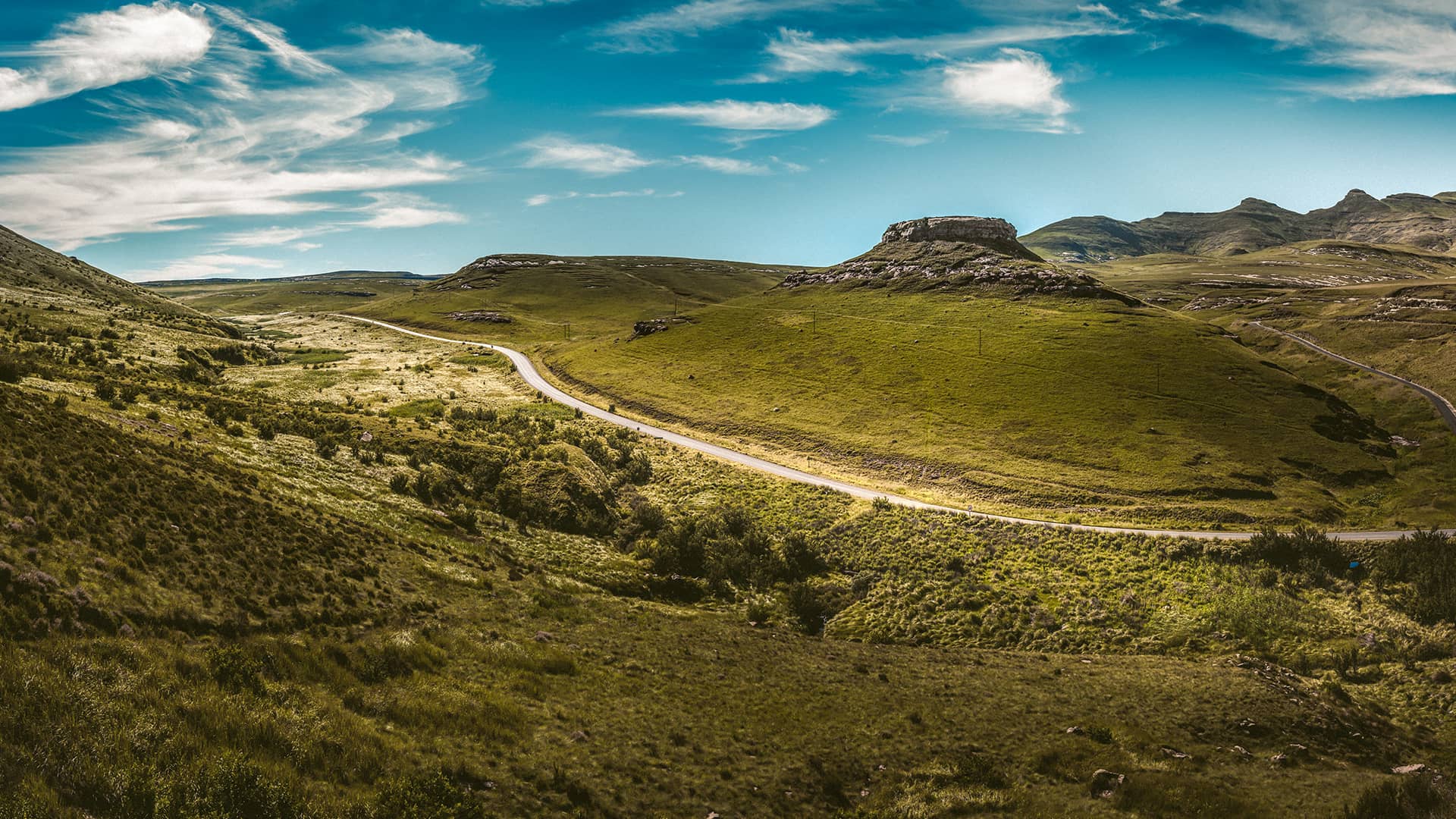 Expansive landscape of rolling green hills under a vivid blue sky with wispy clouds. A winding road meanders through the serene, open terrain. South Africa, Cape Wilderness, Nature, Wildlife, Plants, Animals, National Parks.