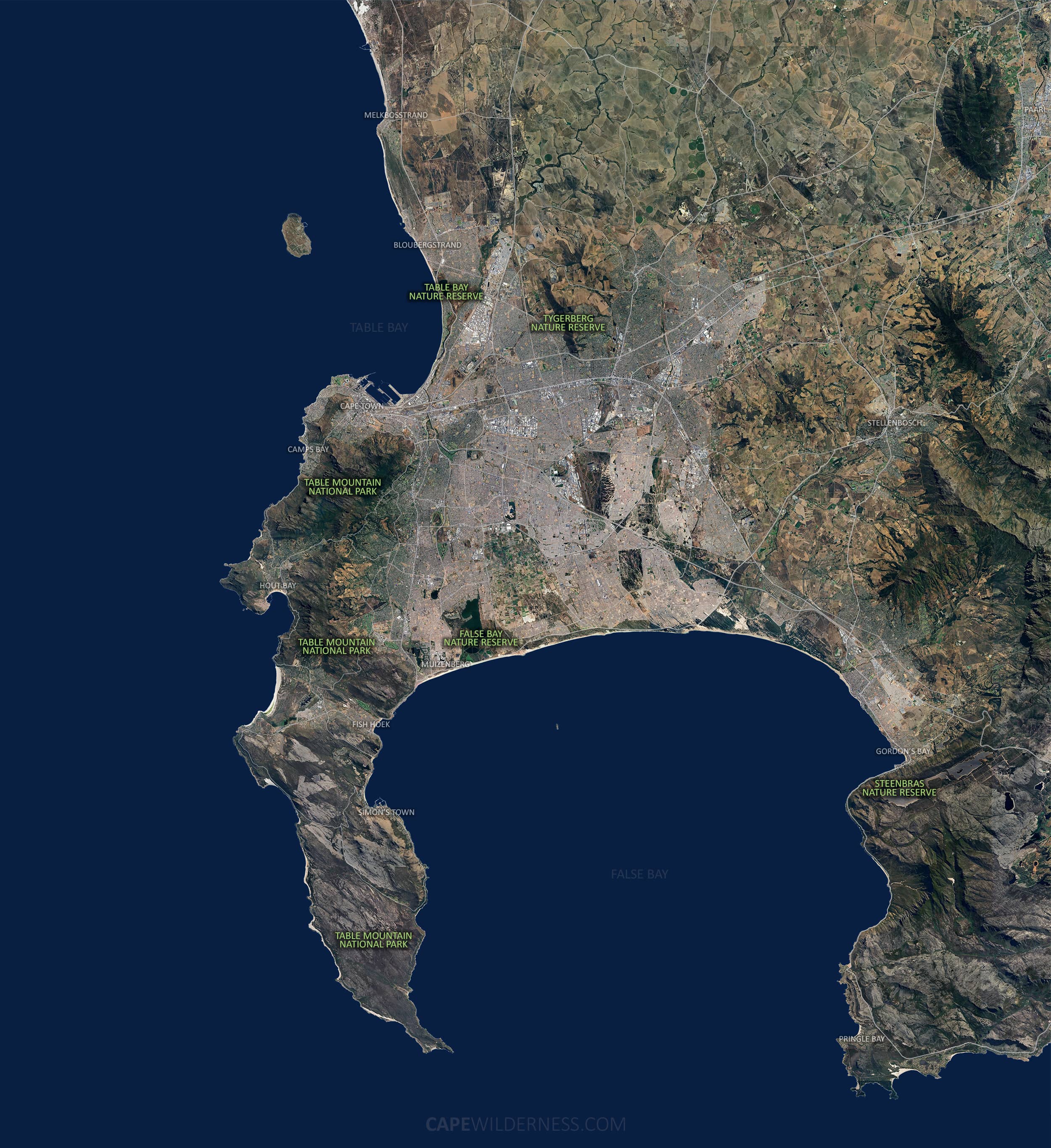 Cape Peninsula Map, Cape Town, South Africa. Cape Wilderness.