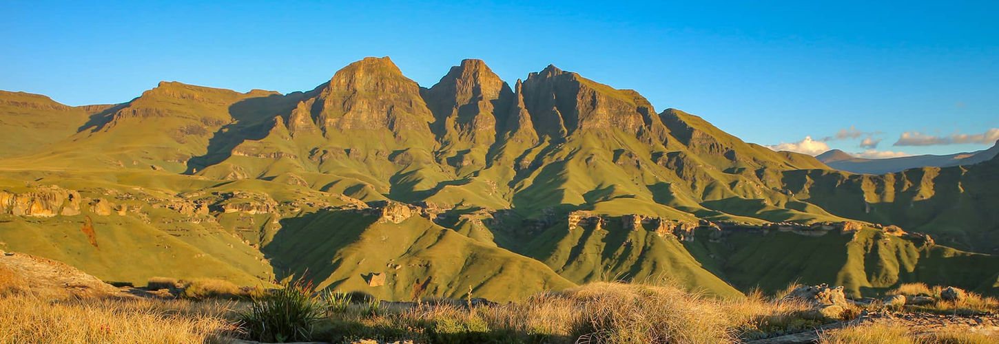 A serene landscape with a clear sky over green mountains lit by the setting sun. In the foreground, a reflective pond and dry grass add contrast. South Africa, Cape Wilderness, Nature, Wildlife, Plants, Animals, Drakensberg.