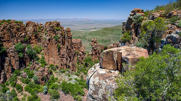 The Camdeboo National Park is located around Graaff-Reinet in the Eastern Cape, at the foothills of the Sneeuberge. This national park is most famous for the Valley of Desolation. A geological feature of dolerite pillars that formed millions of years ago. The park also has a game viewing area and supports some herbivores and small predators. Animals like the Buffalo, Eland, Gemsbok, Red Hartebeest, Springbok and Blesbok can be seen here.