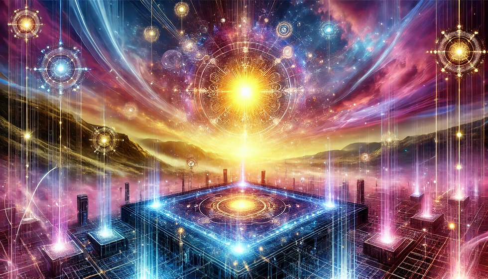 Vibrant depiction of the Central Sun radiating powerful energy beams, symbolizing abundance, regeneration, and spiritual success.