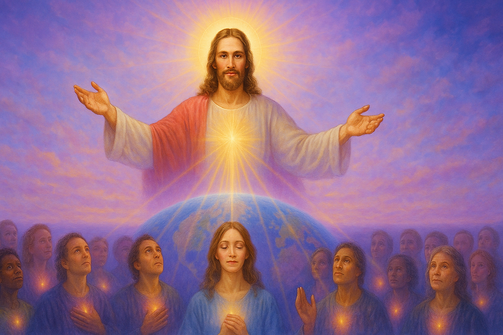 “Christ Jesus radiating golden light above the Earth, arms open in love, as humanity looks upward with hearts illuminated—symbolizing Christ Consciousness and the awakening of humanity.