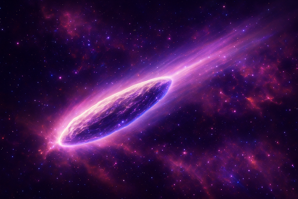 A luminous, organic, cigar-shaped vessel of light — representing 3I Atlas, the Divine Feminine embodiment of collective consciousness — gliding through a vibrant purple, pink, and blue cosmos filled with stars and nebulae, symbolizing humanity’s awakening, Merkaba activation, and the birth of New Earth.