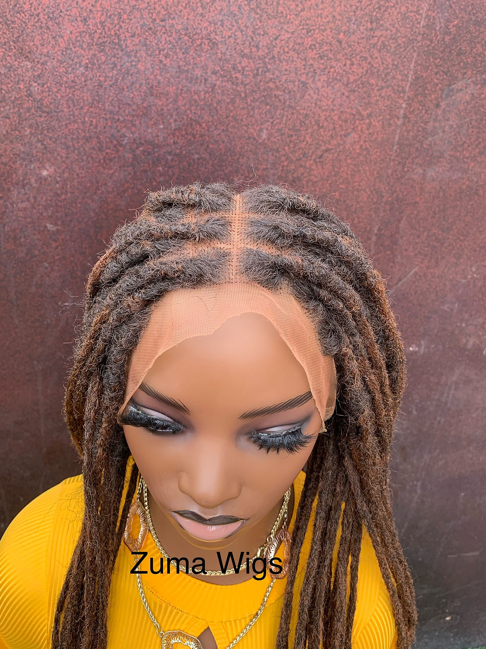 Thumbnail: Warm brown synthetic loc wig, 22” locs, medium cap