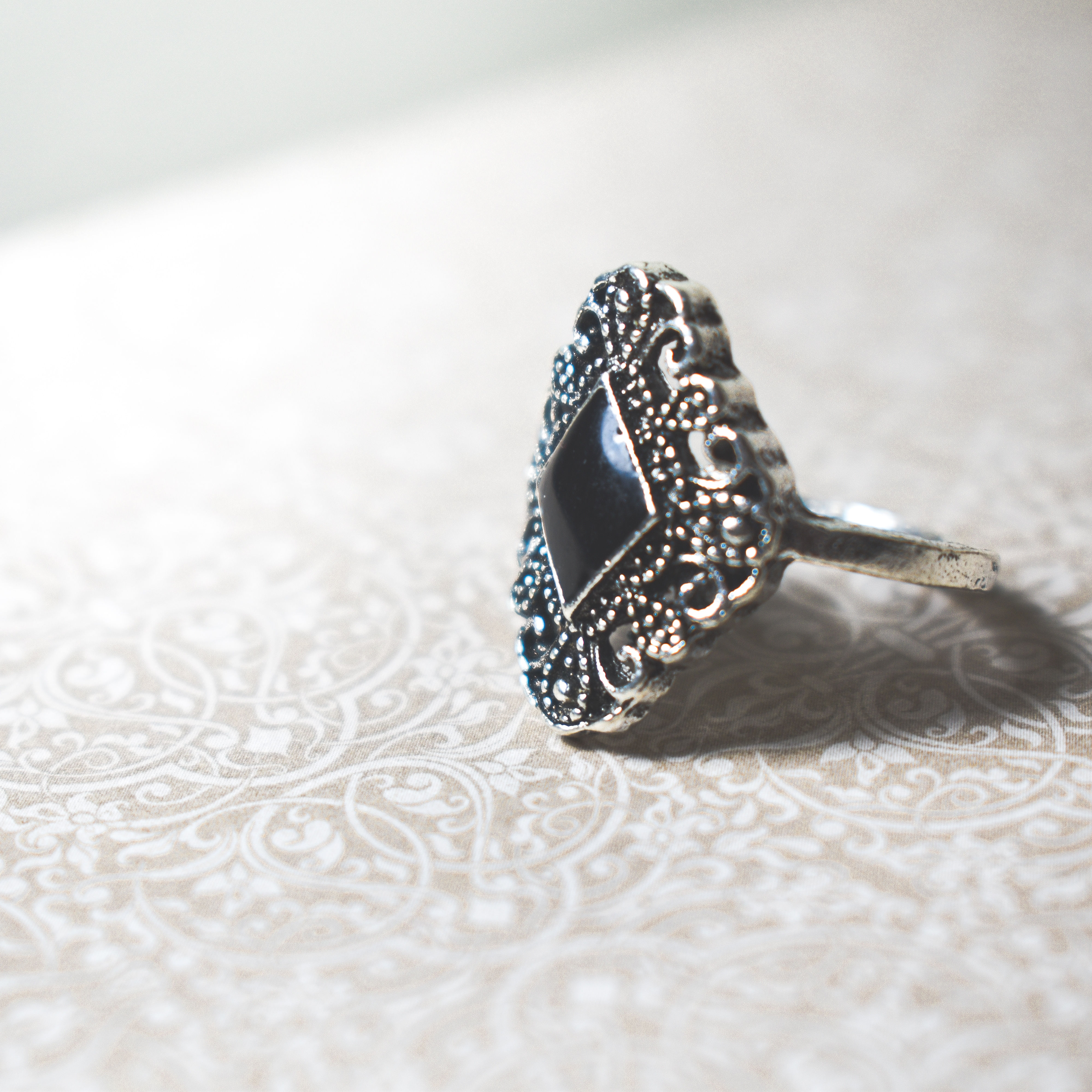 Black Diamond Center Stone Silver Ring