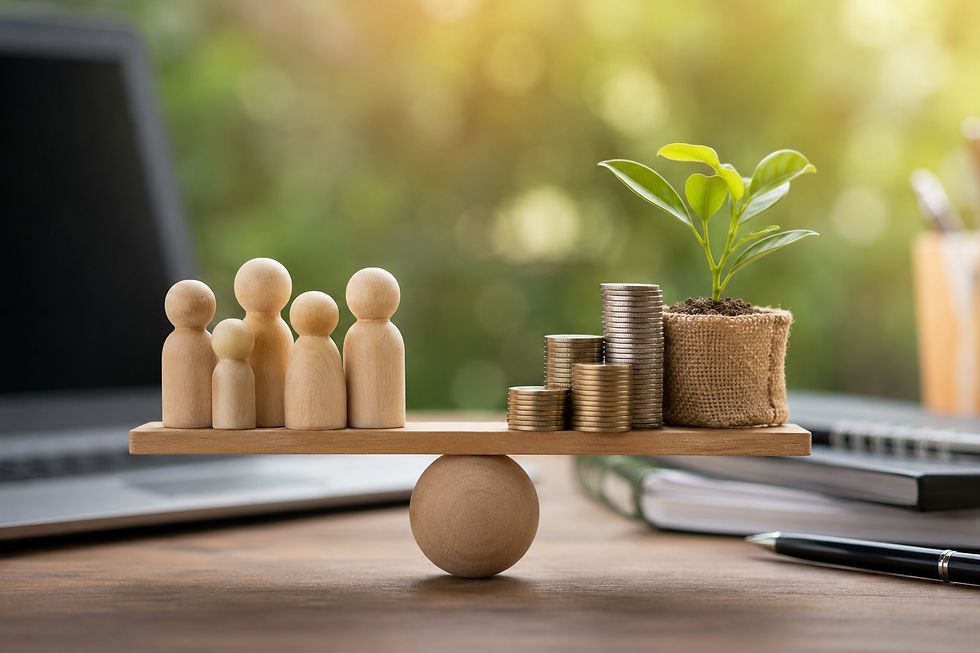 balance with wooden people on the left and coins on the right