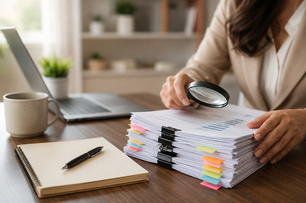woman reviewing a huge stack of papers with a magnifying glass
