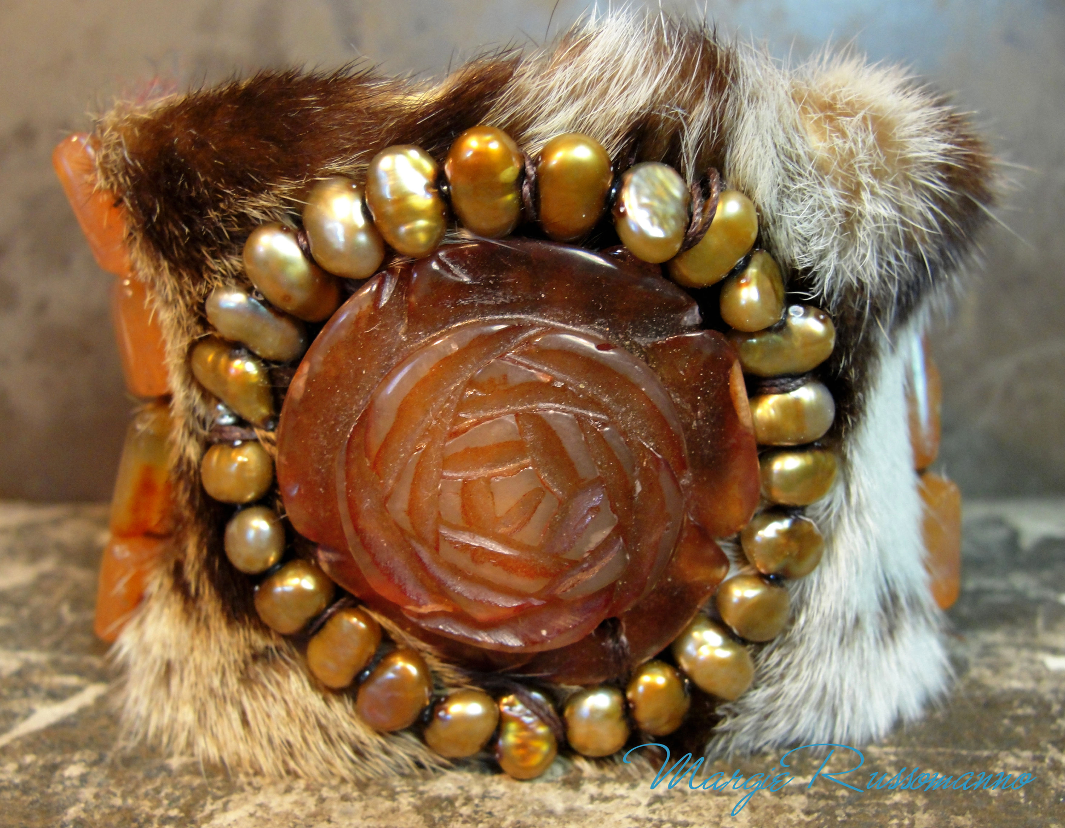 Hand carved Carnelian Rose, genuine pearls Lynx