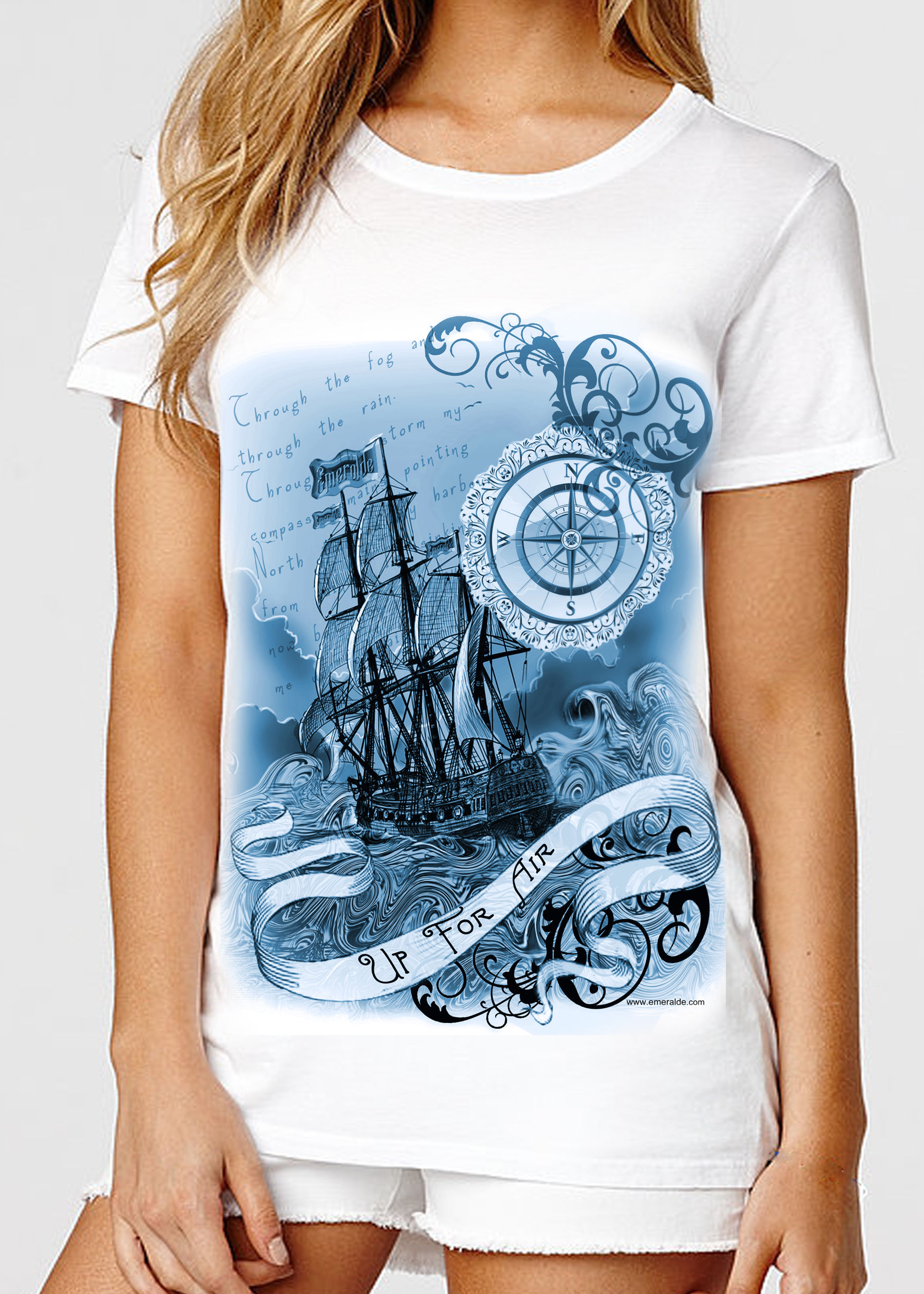 Women's (Up For Air) White & Blue T-Shirt