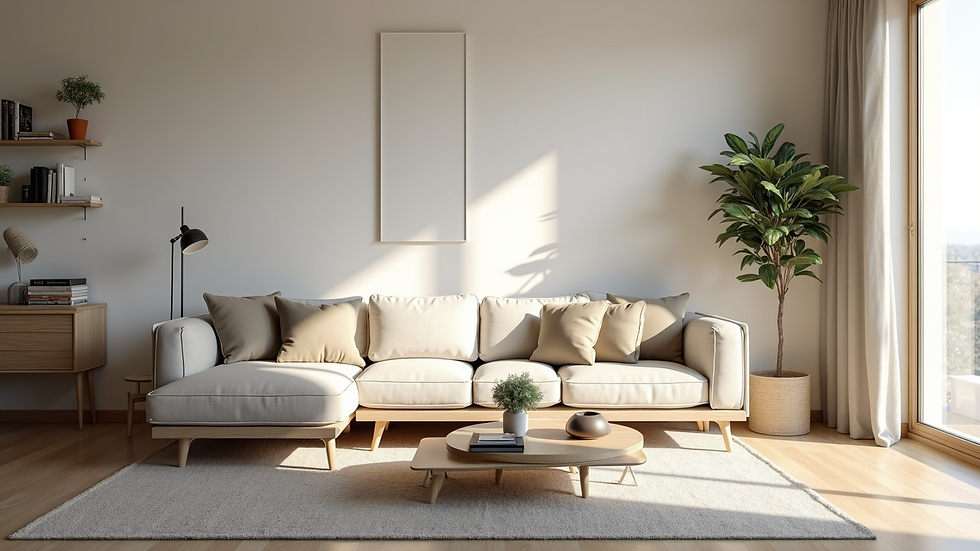 Wide angle view of a modern living room with minimalist furniture and natural light